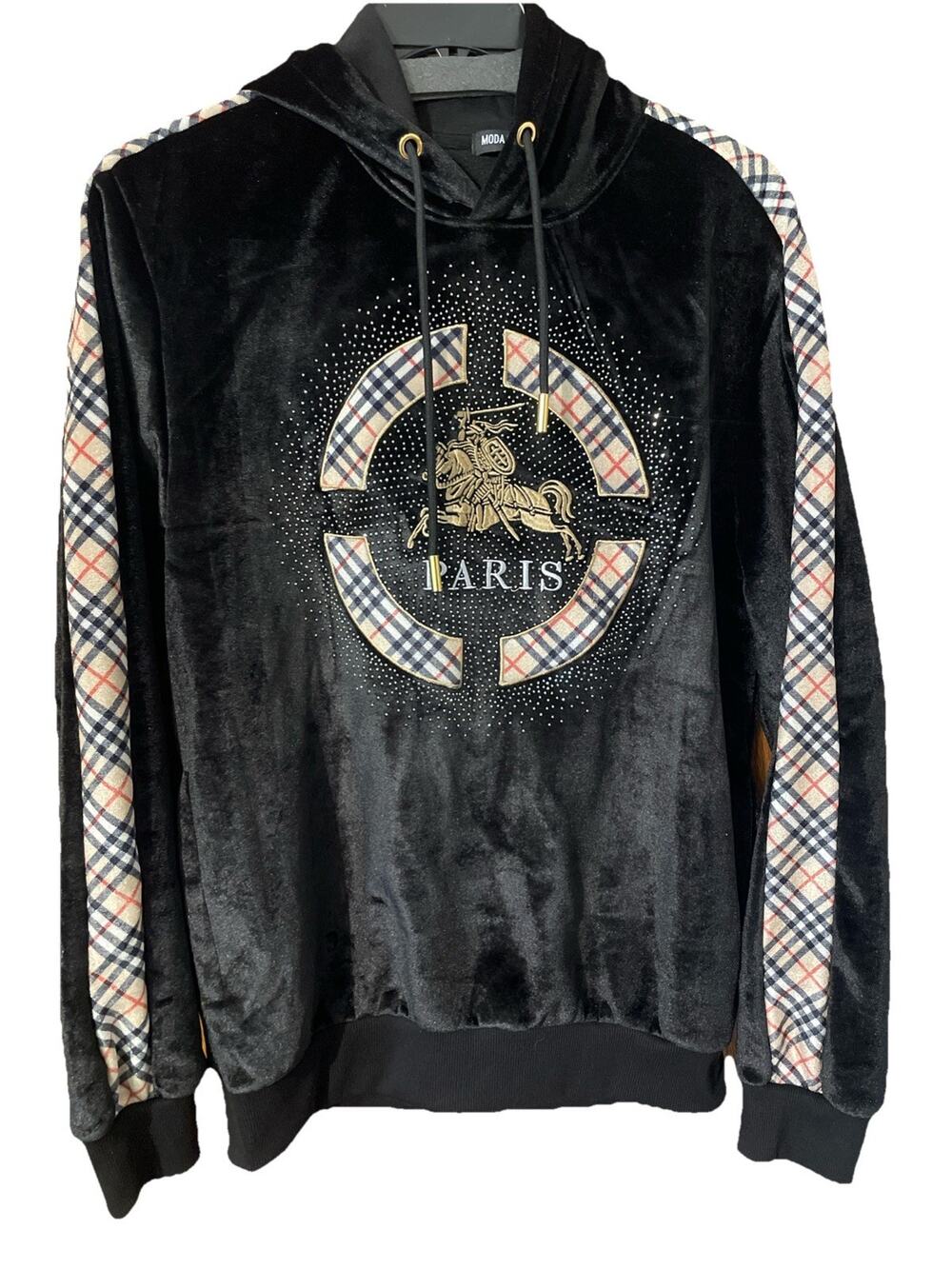 Moda & Pritex Velvet Hoodie Moda Black Plaid Check Print Rhinestone Graphic